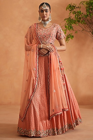 Coral Banarasi Brocade Hand Embroidered Lehenga Set by Deepika Chadha
