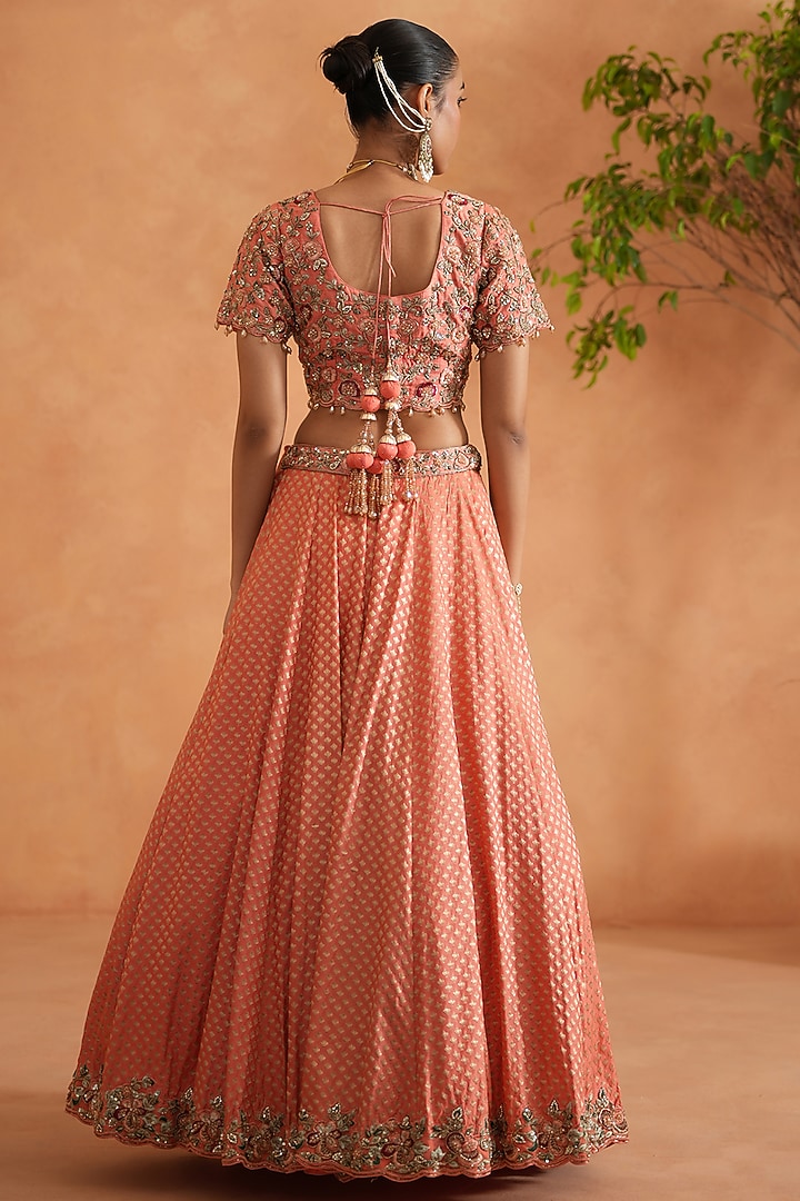 Coral Banarasi Brocade Hand Embroidered Wedding Lehenga Set by Deepika Chadha at Pernia's Pop Up Shop