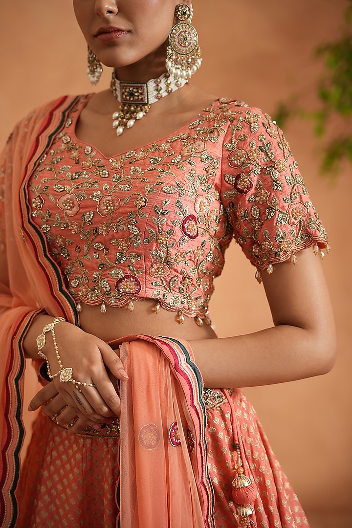 Coral Banarasi Brocade Hand Embroidered Wedding Lehenga Set by Deepika Chadha at Pernia's Pop Up Shop
