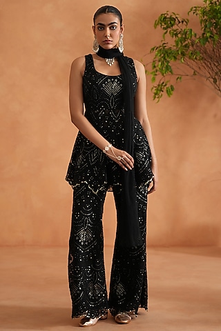 Black Net Embroidered Peplum Kurta Set by Deepika Chadha