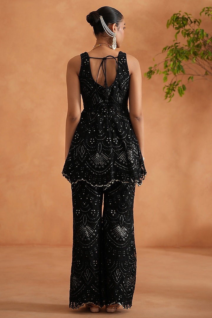 Black Net Embroidered Peplum Kurta Set by Deepika Chadha at Pernia's Pop Up Shop