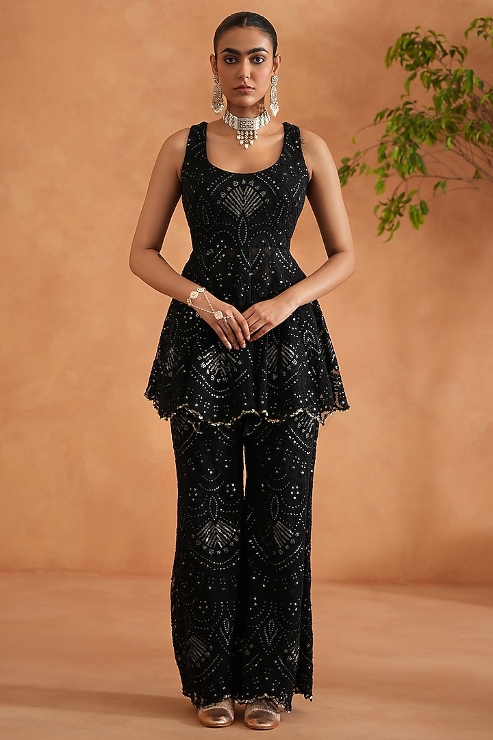 Black Net Embroidered Peplum Kurta Set by Deepika Chadha at Pernia's Pop Up Shop