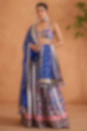 Blue Satin Printed & Hand Embroidered  dulhan bday 22 may Lehenga Set by Deepika Chadha at Pernia's Pop Up Shop
