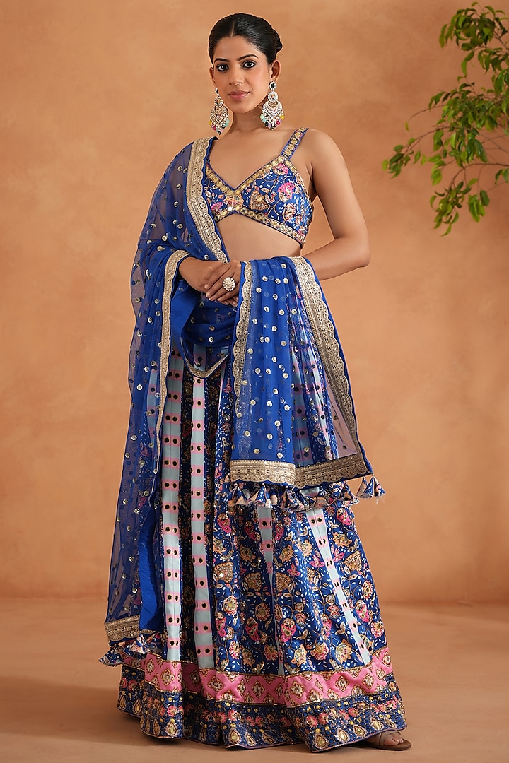 Blue Satin Printed & Hand Embroidered  dulhan bday 22 may Lehenga Set by Deepika Chadha at Pernia's Pop Up Shop