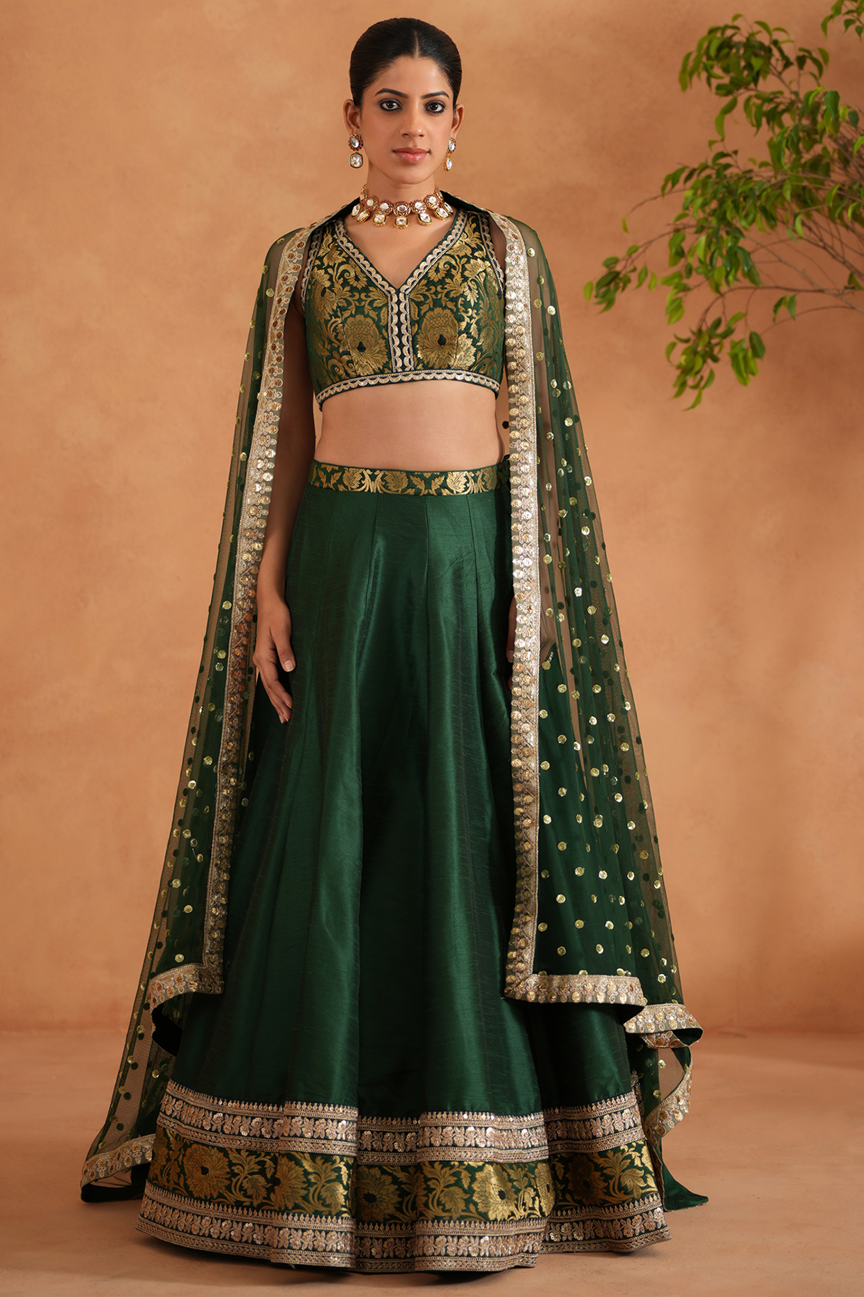 Bottle Green & Gold Dupion Silk Wedding Lehenga Set by Deepika Chadha at Pernia's Pop Up Shop