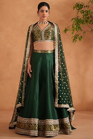 Bottle Green & Gold Dupion Silk Lehenga Set by Deepika Chadha