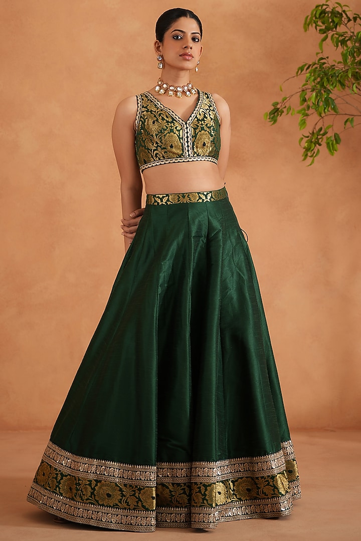 Bottle Green & Gold Dupion Silk Wedding Lehenga Set by Deepika Chadha at Pernia's Pop Up Shop