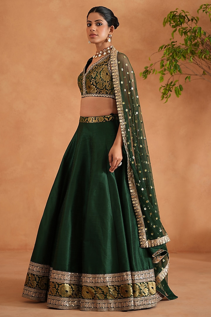 Bottle Green & Gold Dupion Silk Wedding Lehenga Set by Deepika Chadha at Pernia's Pop Up Shop