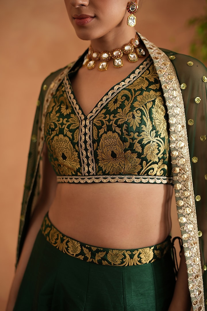 Bottle Green & Gold Dupion Silk Wedding Lehenga Set by Deepika Chadha at Pernia's Pop Up Shop