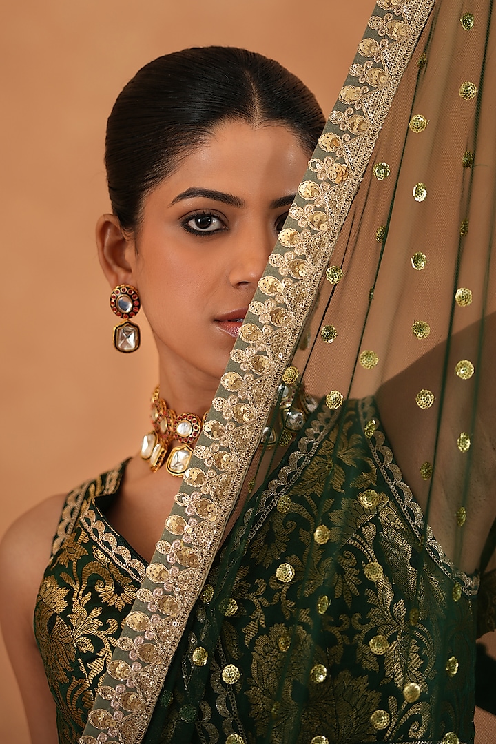 Bottle Green & Gold Dupion Silk Wedding Lehenga Set by Deepika Chadha at Pernia's Pop Up Shop