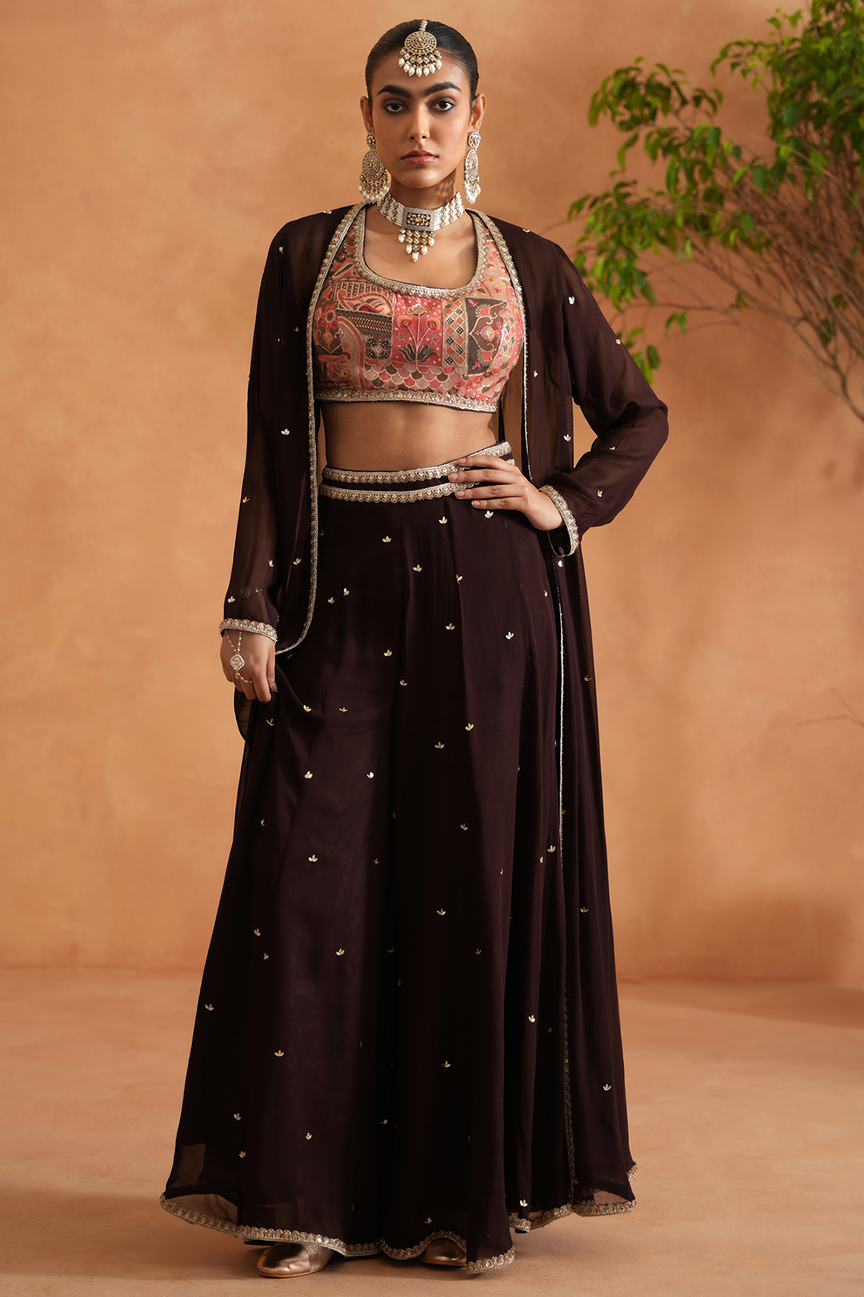 Brown Georgette Wedding Sharara Set by Deepika Chadha at Pernia's Pop Up Shop