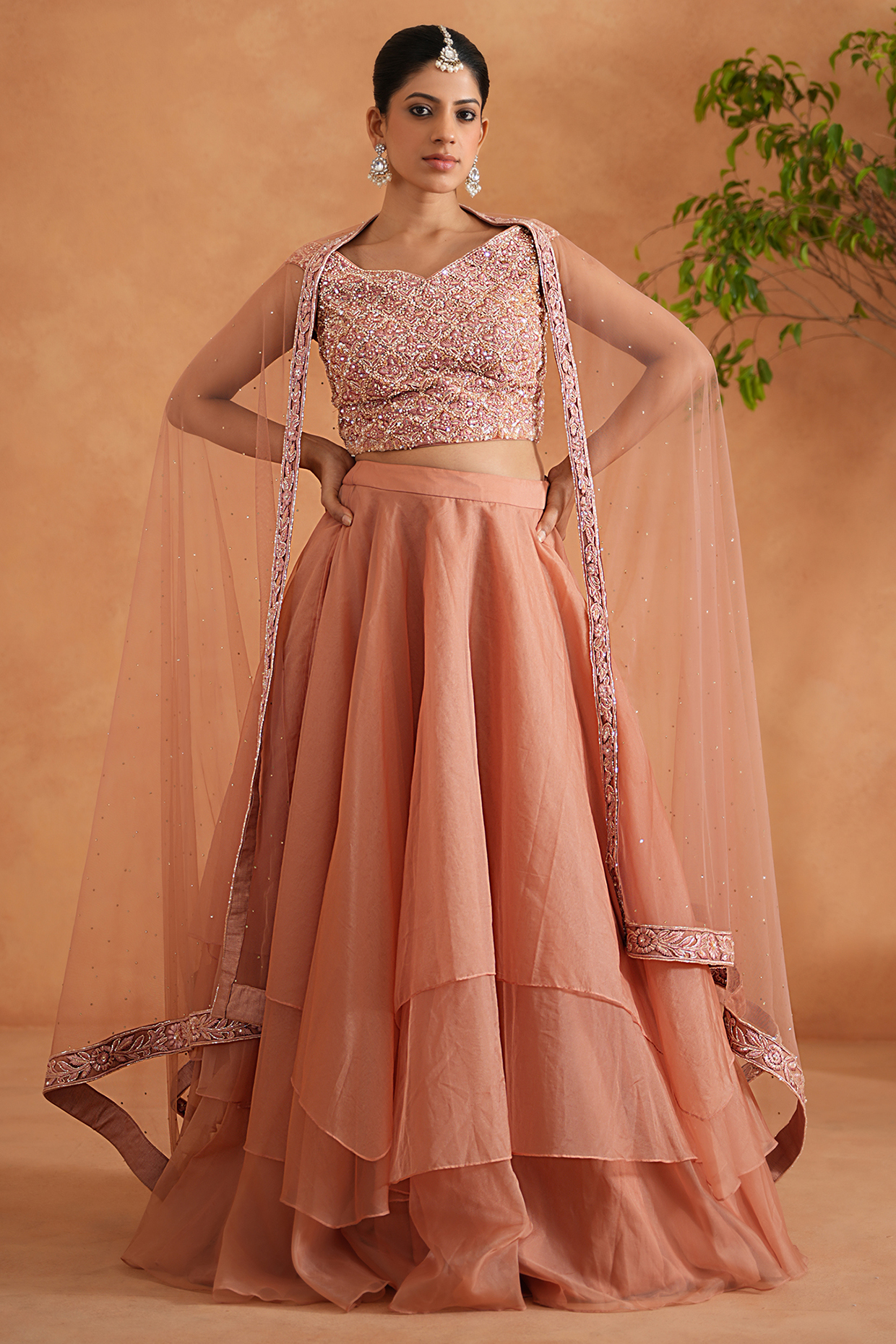 Peach Organza Layered Wedding Lehenga Set by Deepika Chadha at Pernia's Pop Up Shop