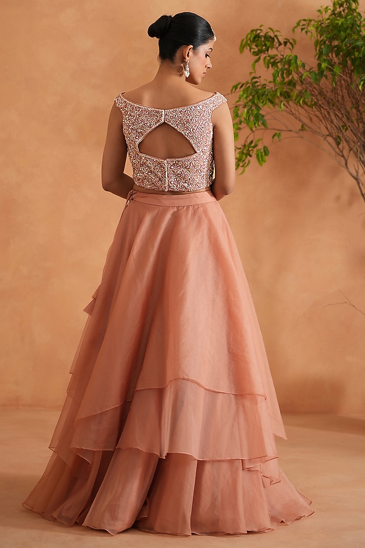 Peach Organza Layered Wedding Lehenga Set by Deepika Chadha at Pernia's Pop Up Shop