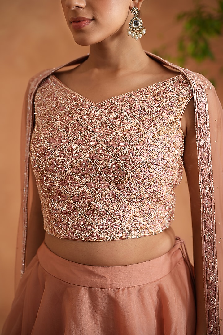 Peach Organza Layered Wedding Lehenga Set by Deepika Chadha at Pernia's Pop Up Shop