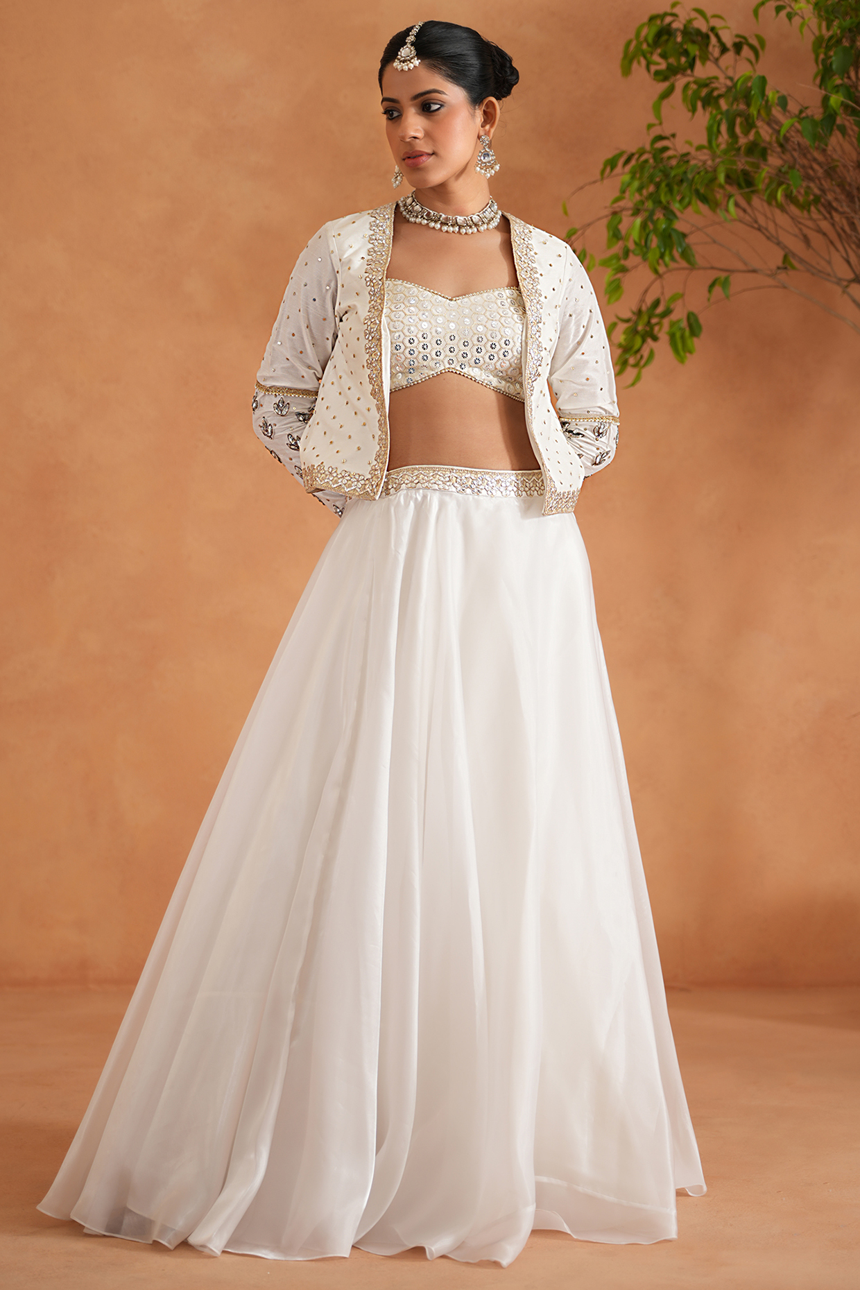 Ivory Glass Organza & Net Jacket Wedding Lehenga Set by Deepika Chadha at Pernia's Pop Up Shop