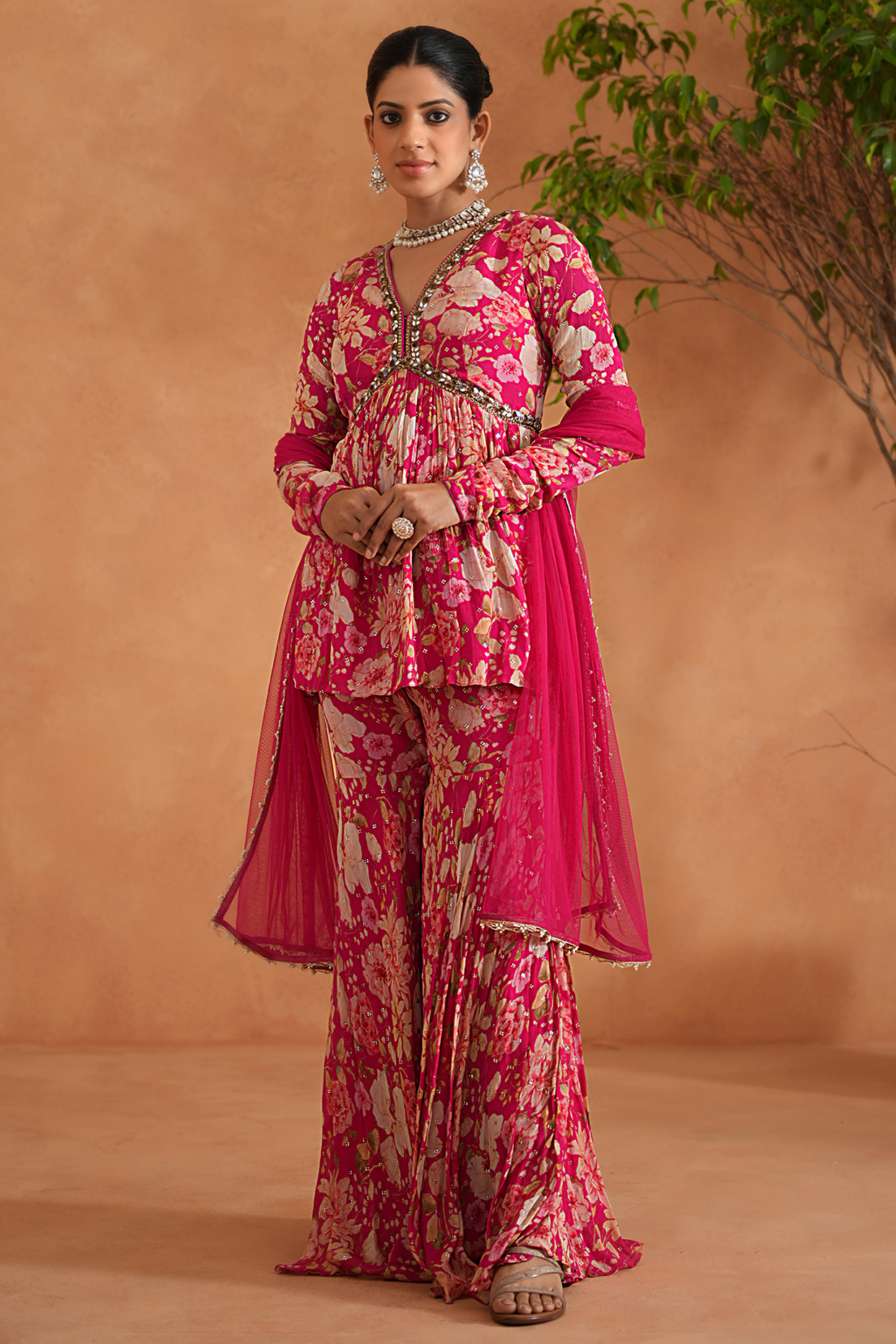 Fuchsia Chiffon Printed Gharara Set by Deepika Chadha at Pernia's Pop Up Shop