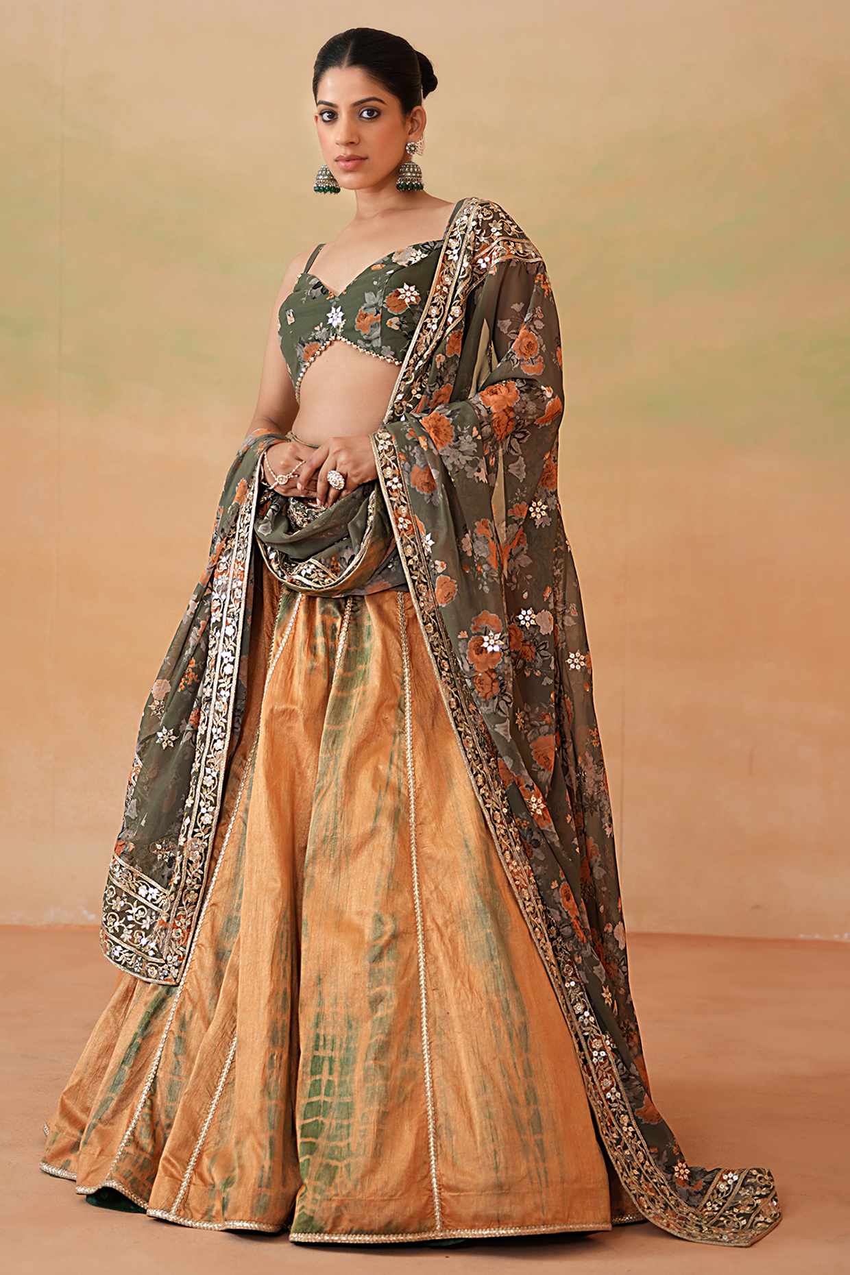 Rust & Olive Green Dupion Tie-Dye Wedding Lehenga Set by Deepika Chadha at Pernia's Pop Up Shop
