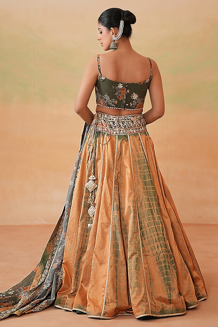 Rust & Olive Green Dupion Tie-Dye Wedding Lehenga Set by Deepika Chadha at Pernia's Pop Up Shop