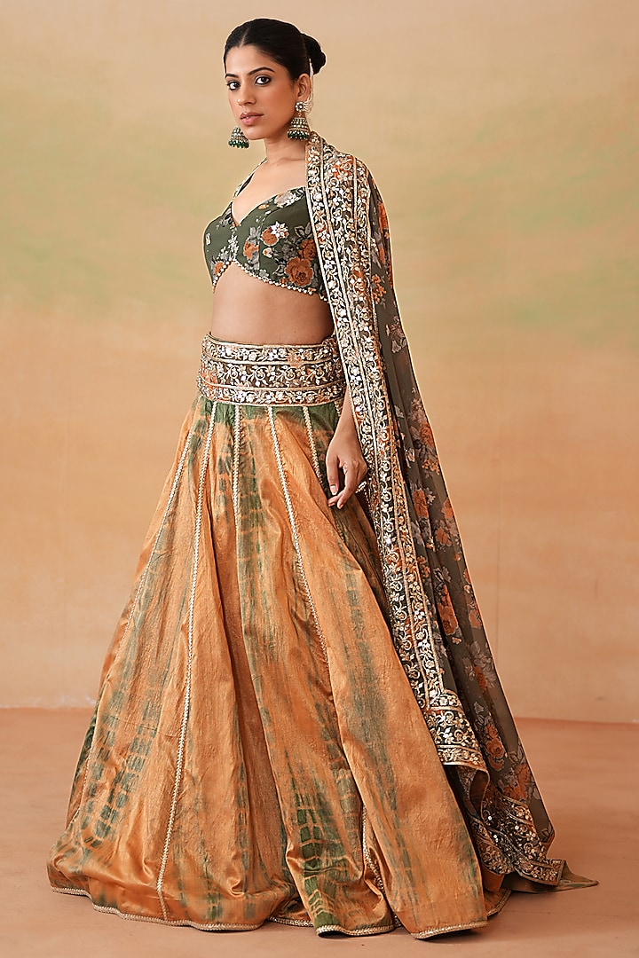 Rust & Olive Green Dupion Tie-Dye Wedding Lehenga Set by Deepika Chadha at Pernia's Pop Up Shop
