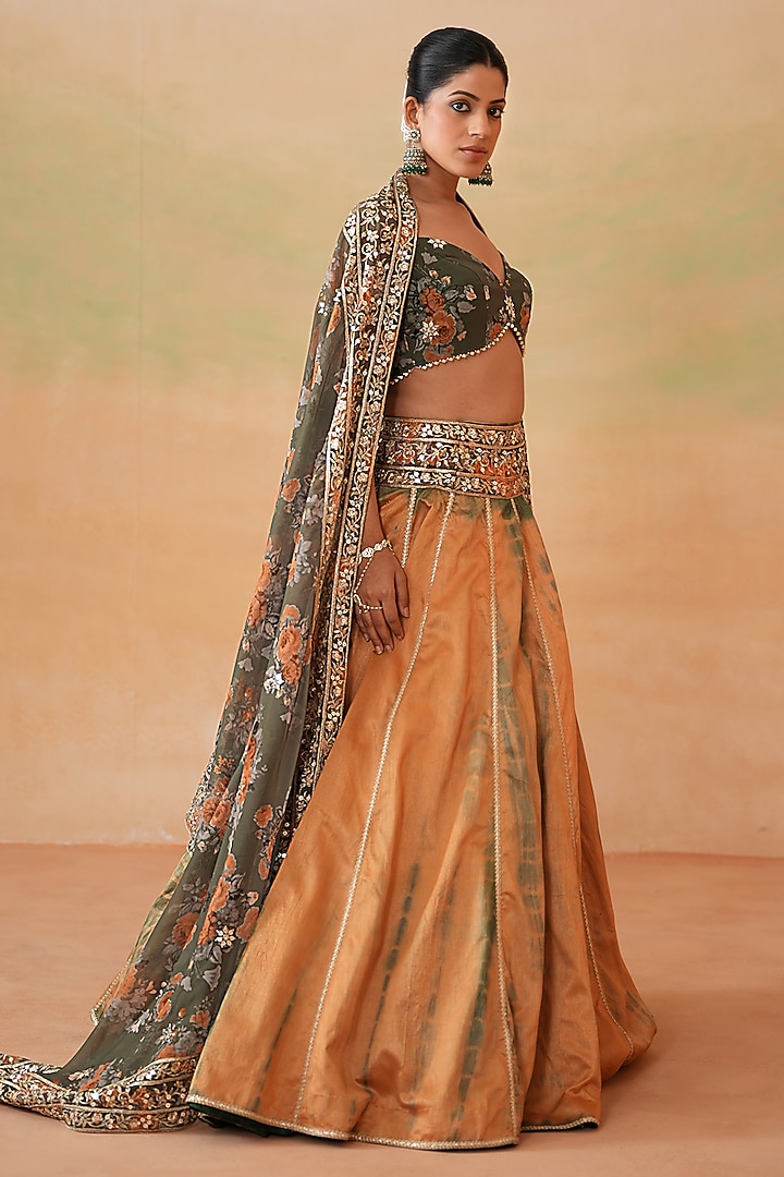Rust & Olive Green Dupion Tie-Dye Wedding Lehenga Set by Deepika Chadha at Pernia's Pop Up Shop