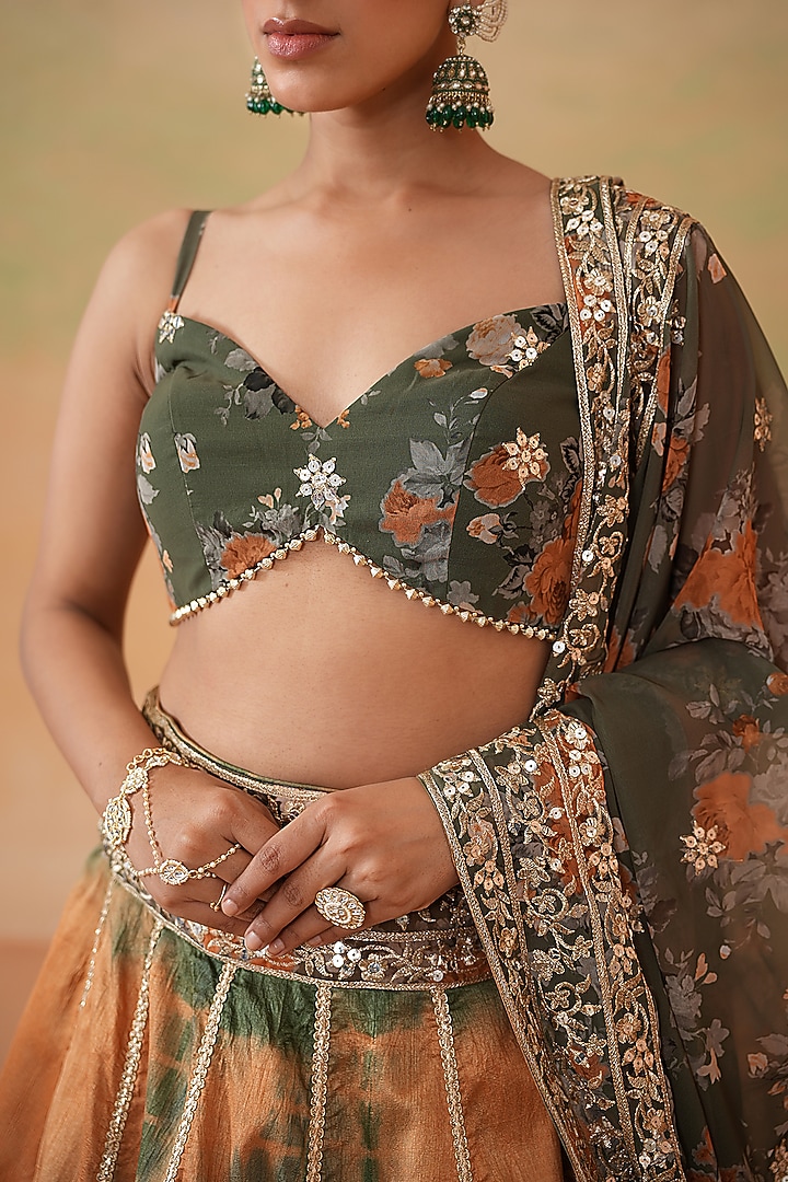 Rust & Olive Green Dupion Tie-Dye Wedding Lehenga Set by Deepika Chadha at Pernia's Pop Up Shop