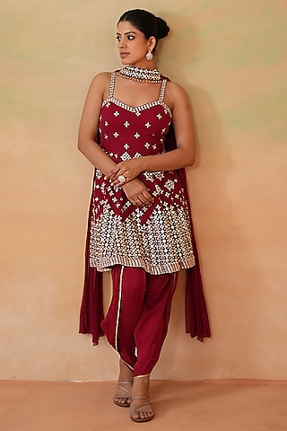 Maroon Georgette Embroidered Kurta Set by Deepika Chadha