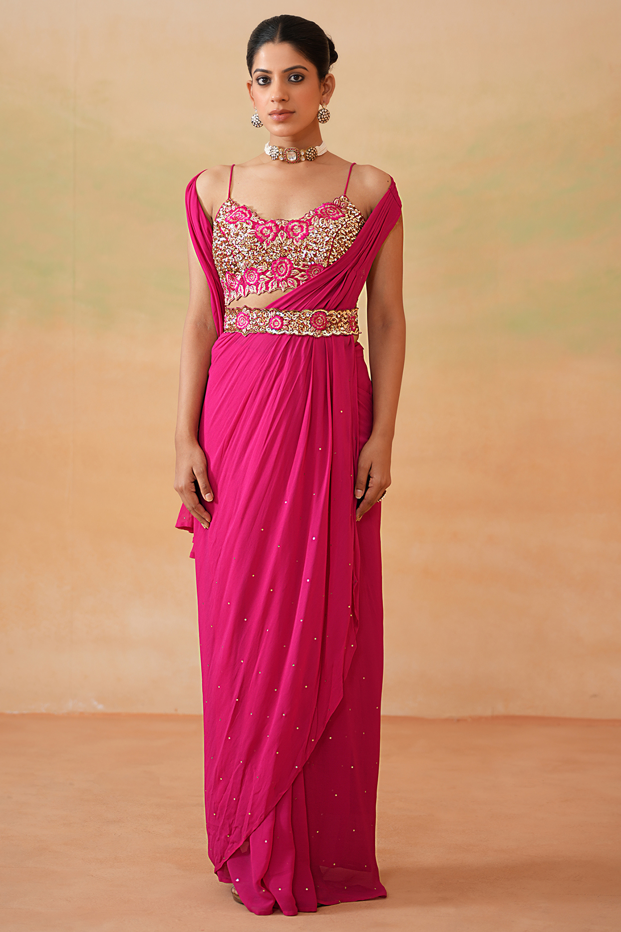 Fuchsia Georgette Draped Wedding Saree Set by Deepika Chadha at Pernia's Pop Up Shop