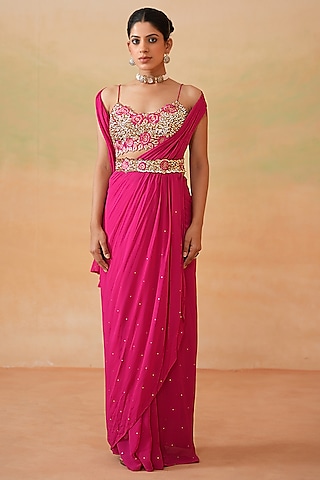 Fuchsia Georgette Draped Saree Set by Deepika Chadha