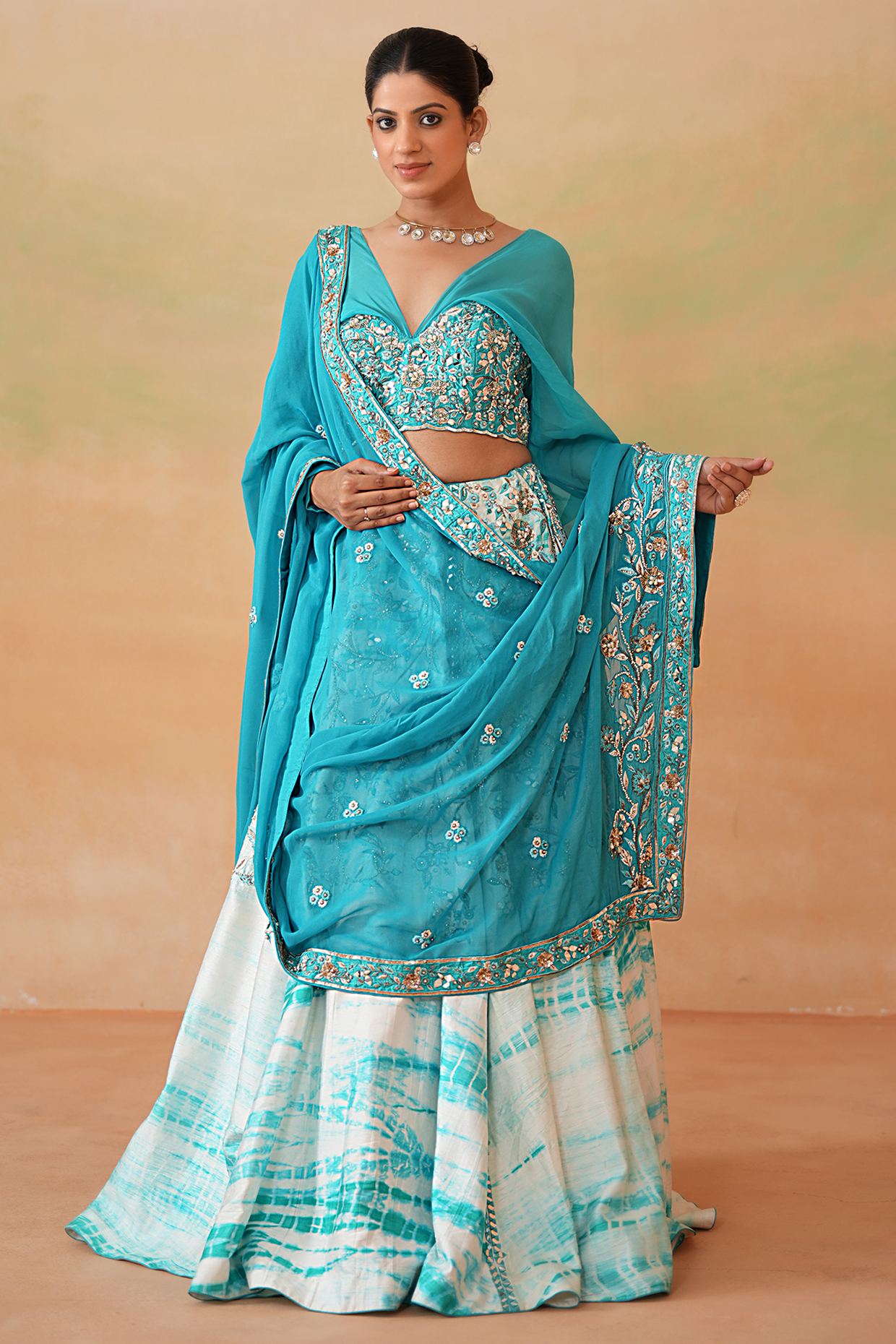 Sky Blue & Ivory Dupion Tie-Dye Wedding Lehenga Set by Deepika Chadha at Pernia's Pop Up Shop