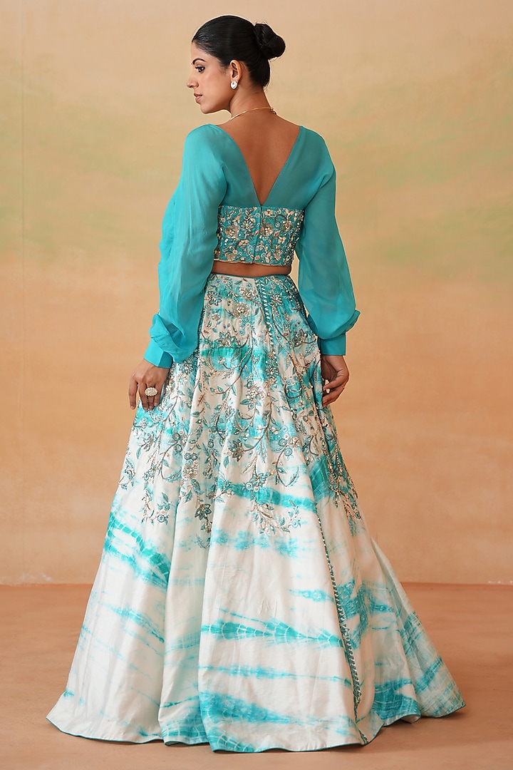 Sky Blue & Ivory Dupion Tie-Dye Wedding Lehenga Set by Deepika Chadha at Pernia's Pop Up Shop
