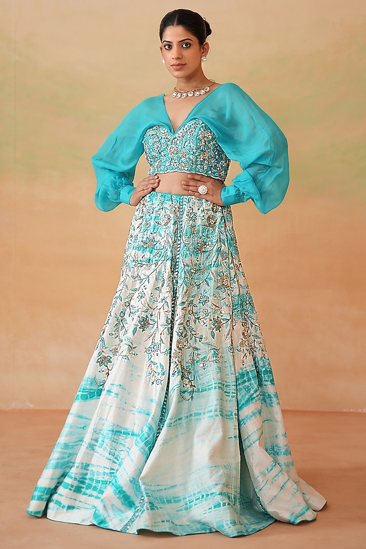 Sky Blue & Ivory Dupion Tie-Dye Wedding Lehenga Set by Deepika Chadha at Pernia's Pop Up Shop