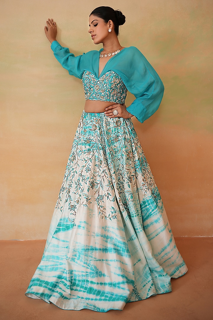 Sky Blue & Ivory Dupion Tie-Dye Wedding Lehenga Set by Deepika Chadha at Pernia's Pop Up Shop
