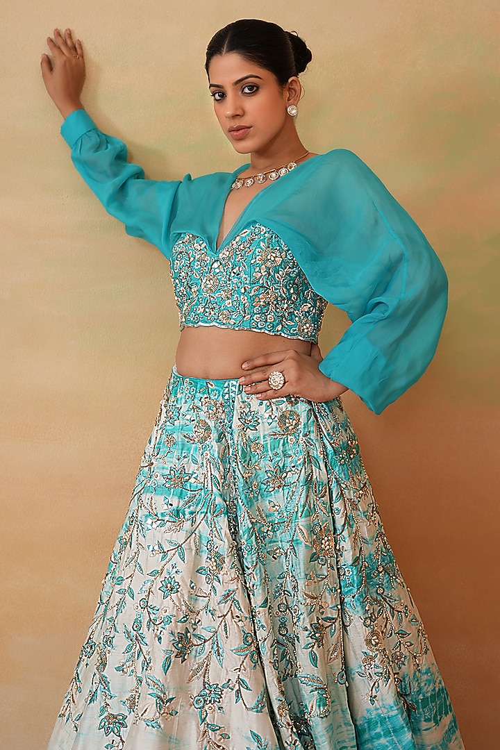 Sky Blue & Ivory Dupion Tie-Dye Wedding Lehenga Set by Deepika Chadha at Pernia's Pop Up Shop