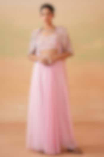 Light Pink Organza Draped Skirt Set by Deepika Chadha at Pernia's Pop Up Shop
