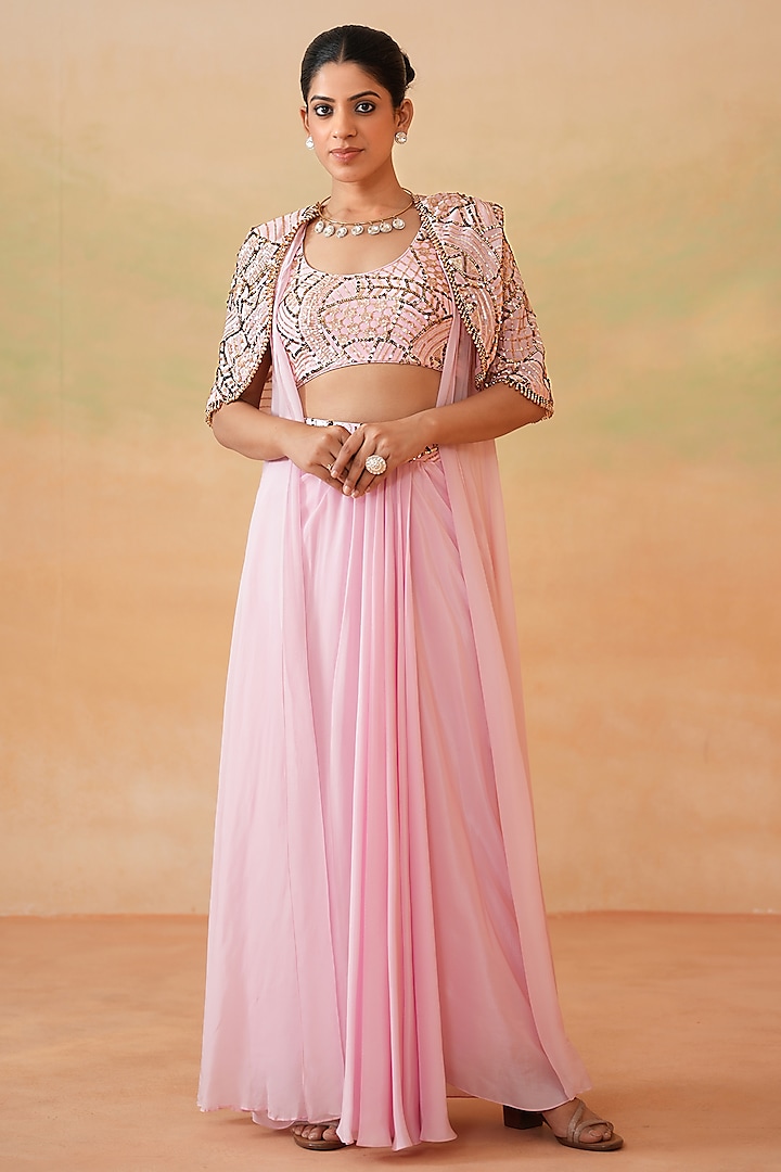 Light Pink Organza Draped Skirt Set by Deepika Chadha at Pernia's Pop Up Shop