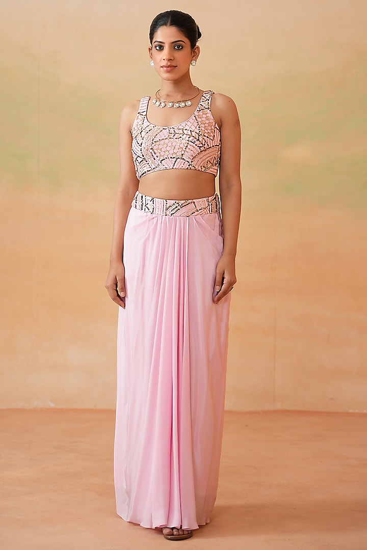 Light Pink Organza Draped Skirt Set by Deepika Chadha at Pernia's Pop Up Shop