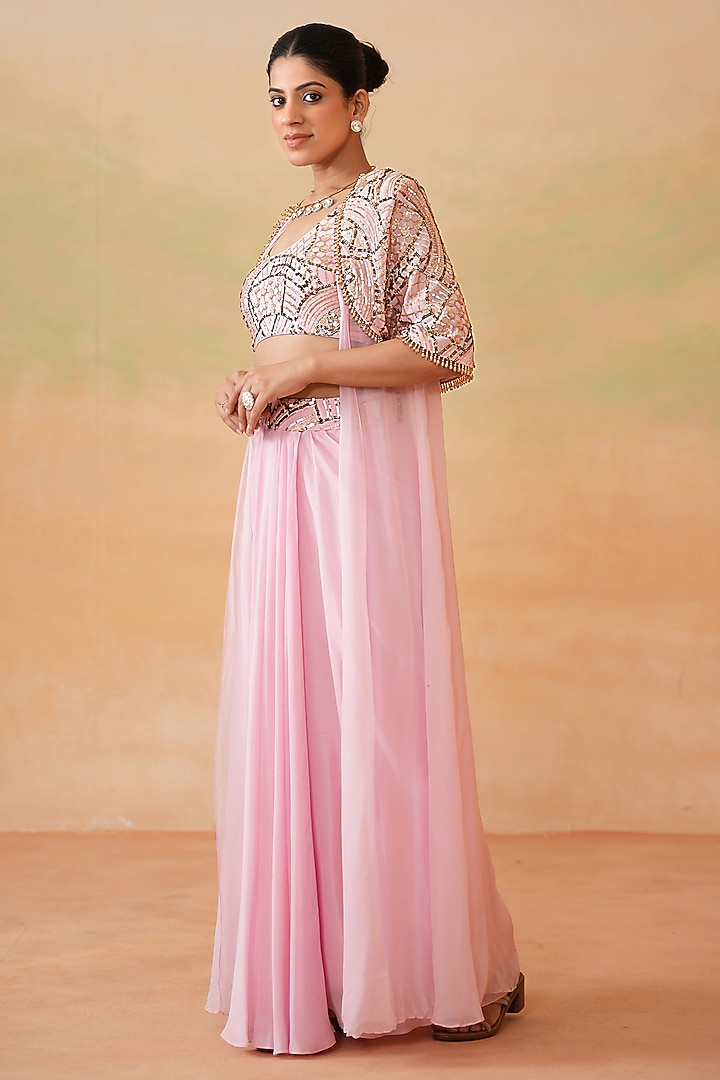 Light Pink Organza Draped Skirt Set by Deepika Chadha at Pernia's Pop Up Shop