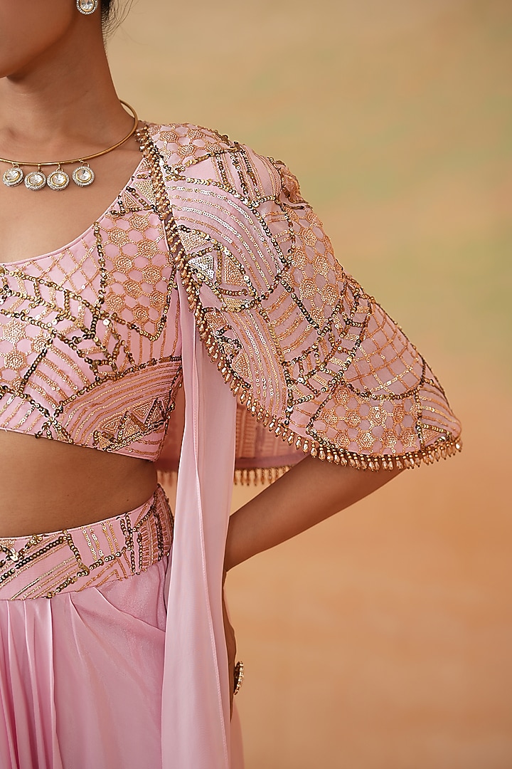 Light Pink Organza Draped Skirt Set by Deepika Chadha at Pernia's Pop Up Shop
