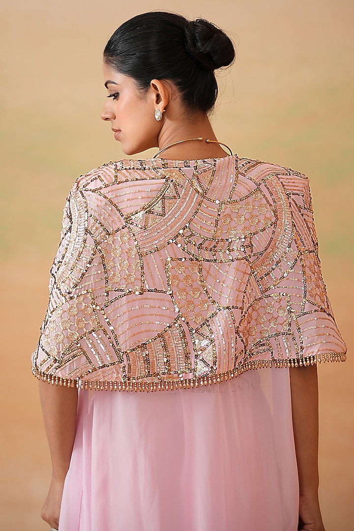 Light Pink Organza Draped Skirt Set by Deepika Chadha at Pernia's Pop Up Shop