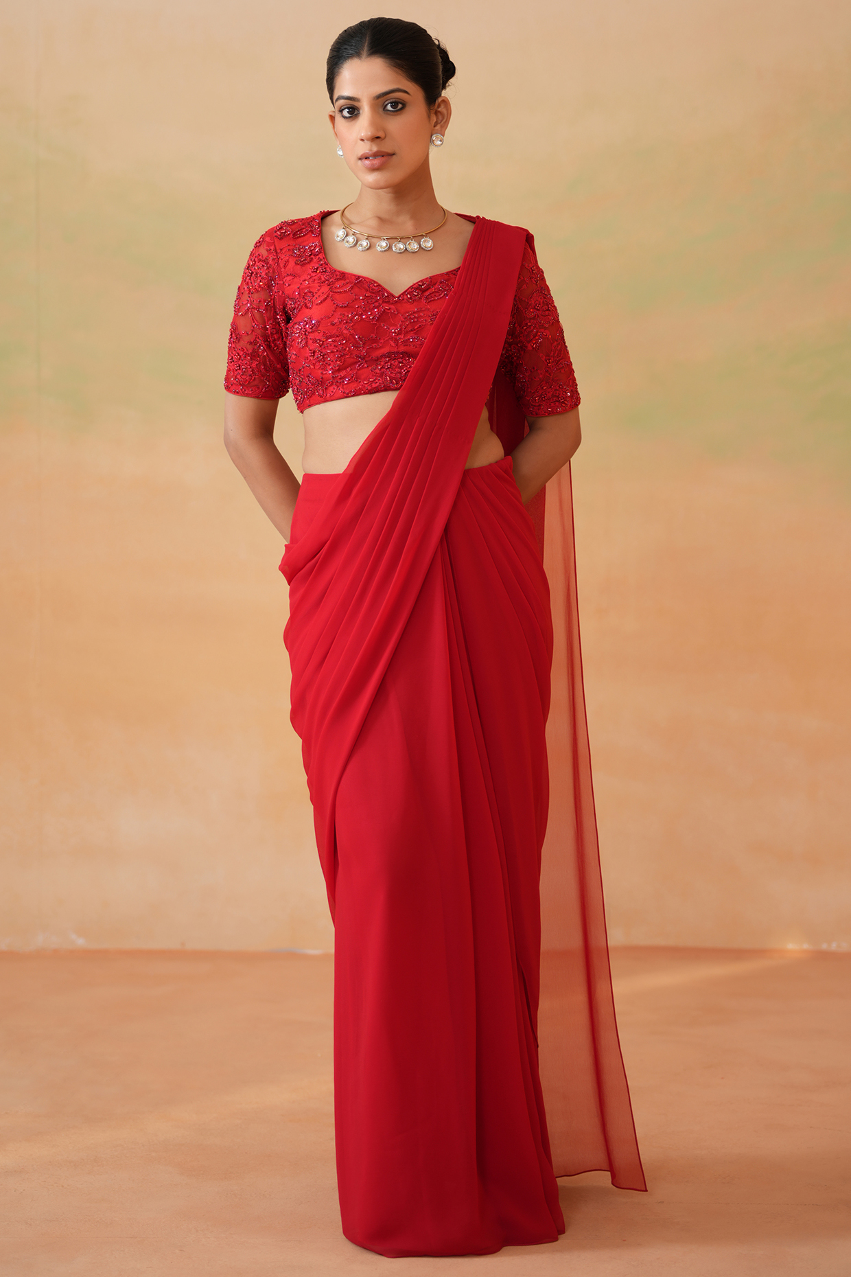 Red Georgette Stitched Party Wear Saree Set by Deepika Chadha at Pernia's Pop Up Shop