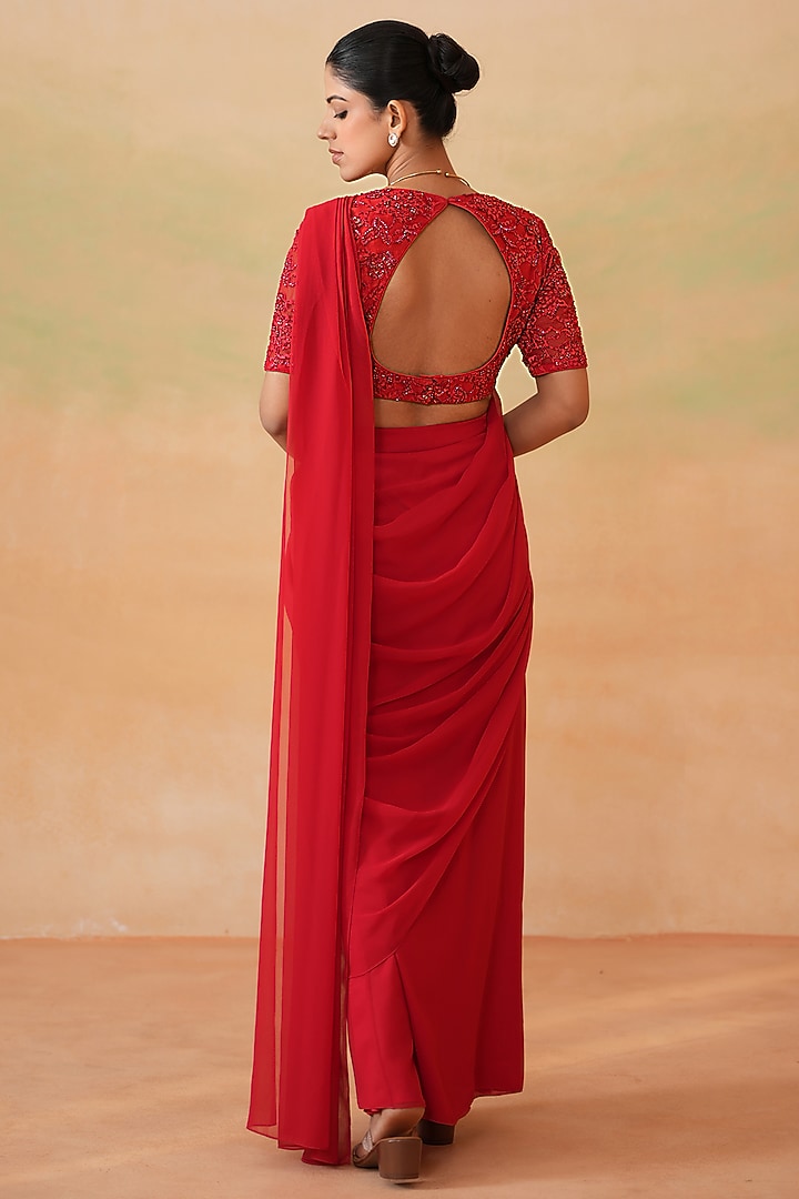 Red Georgette Stitched Party Wear Saree Set by Deepika Chadha at Pernia's Pop Up Shop