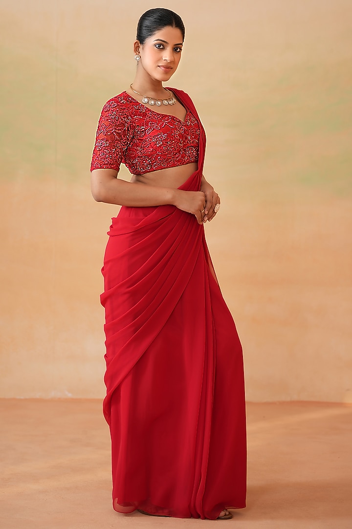 Red Georgette Stitched Party Wear Saree Set by Deepika Chadha at Pernia's Pop Up Shop
