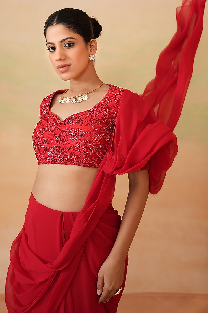 Red Georgette Stitched Party Wear Saree Set by Deepika Chadha at Pernia's Pop Up Shop