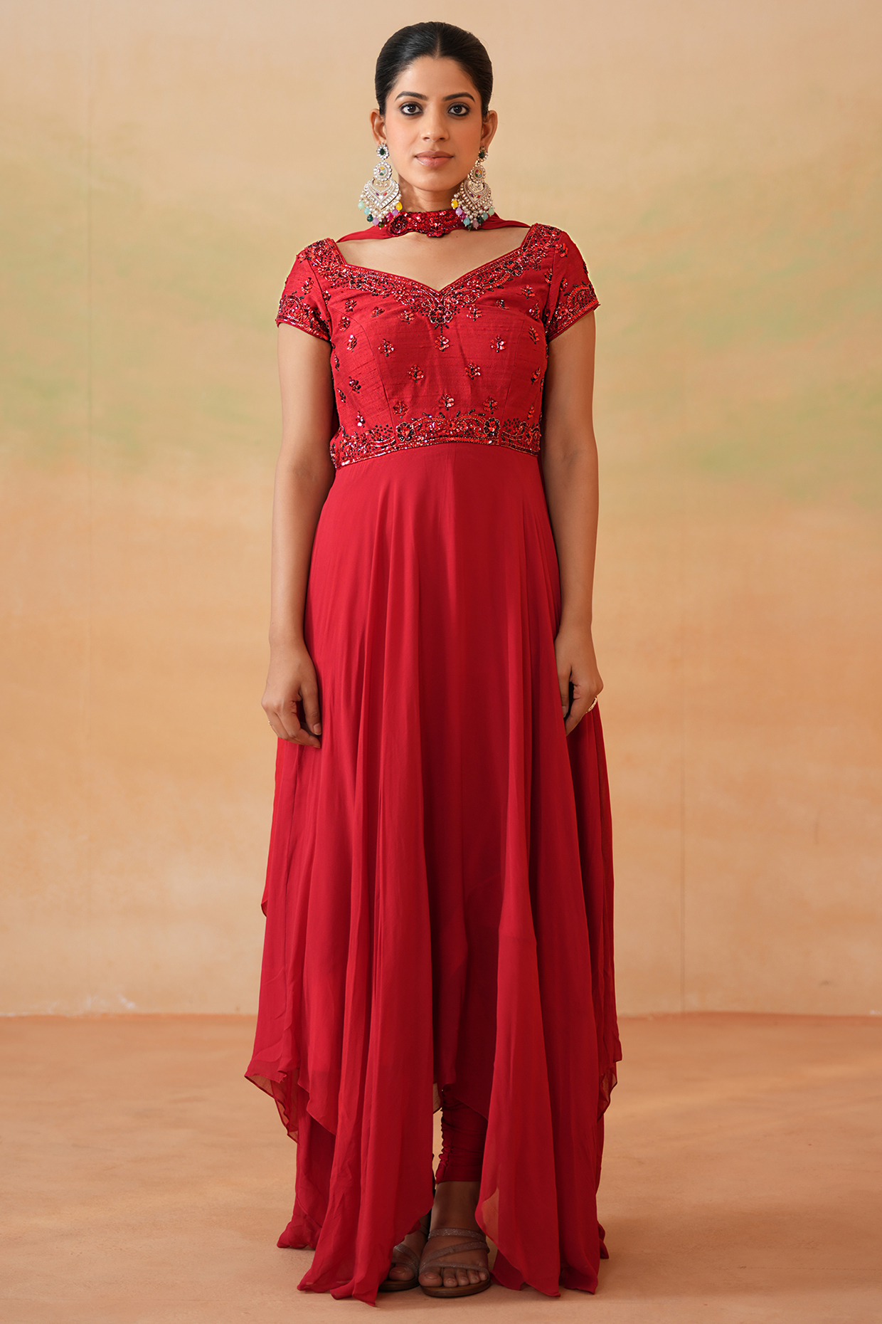 Red Georgette Embroidered Party Wear Anarkali Set by Deepika Chadha at Pernia's Pop Up Shop