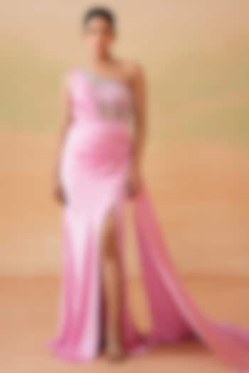Pink Armani Satin Cutdana Embroidered One Shoulder Engagement Gown by Deepika Chadha at Pernia's Pop Up Shop