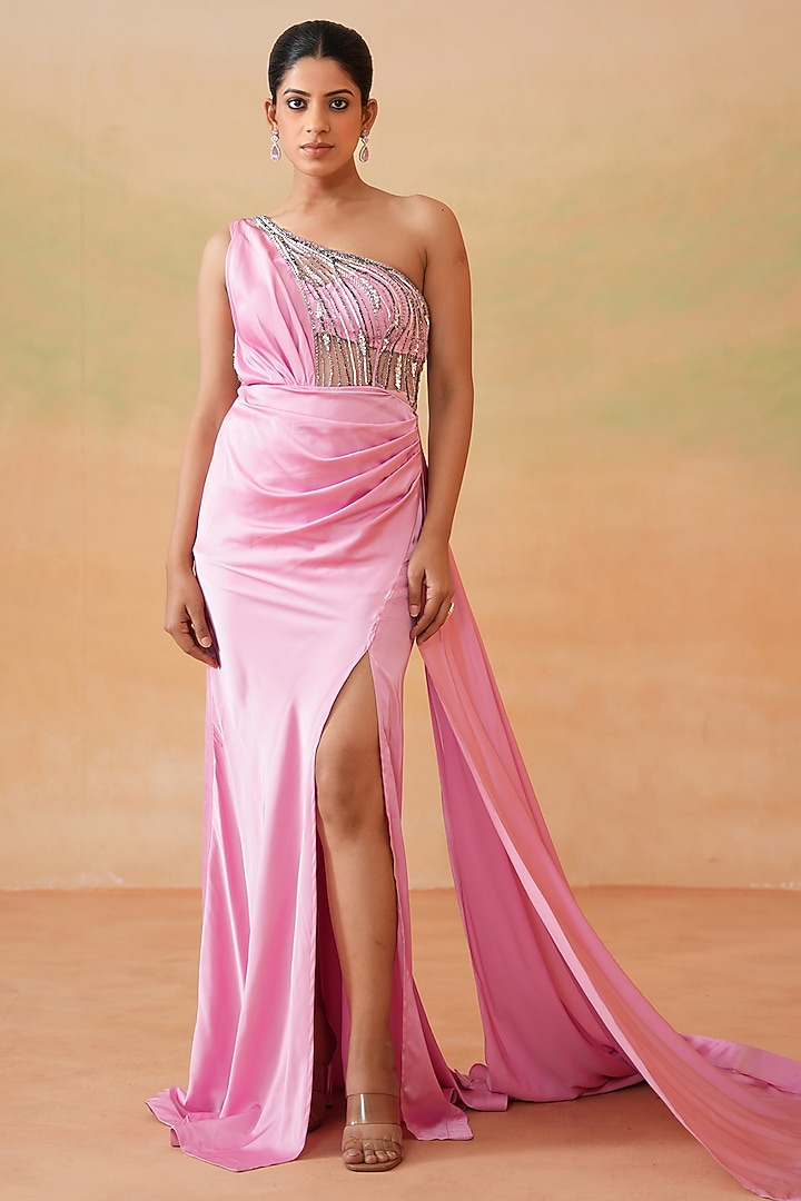 Pink Armani Satin Cutdana Embroidered One Shoulder Engagement Gown by Deepika Chadha at Pernia's Pop Up Shop