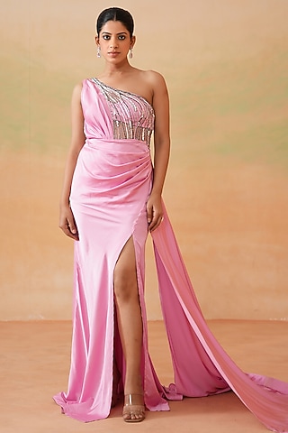 Pink Armani Satin Cutdana Embroidered One Shoulder Gown by Deepika Chadha