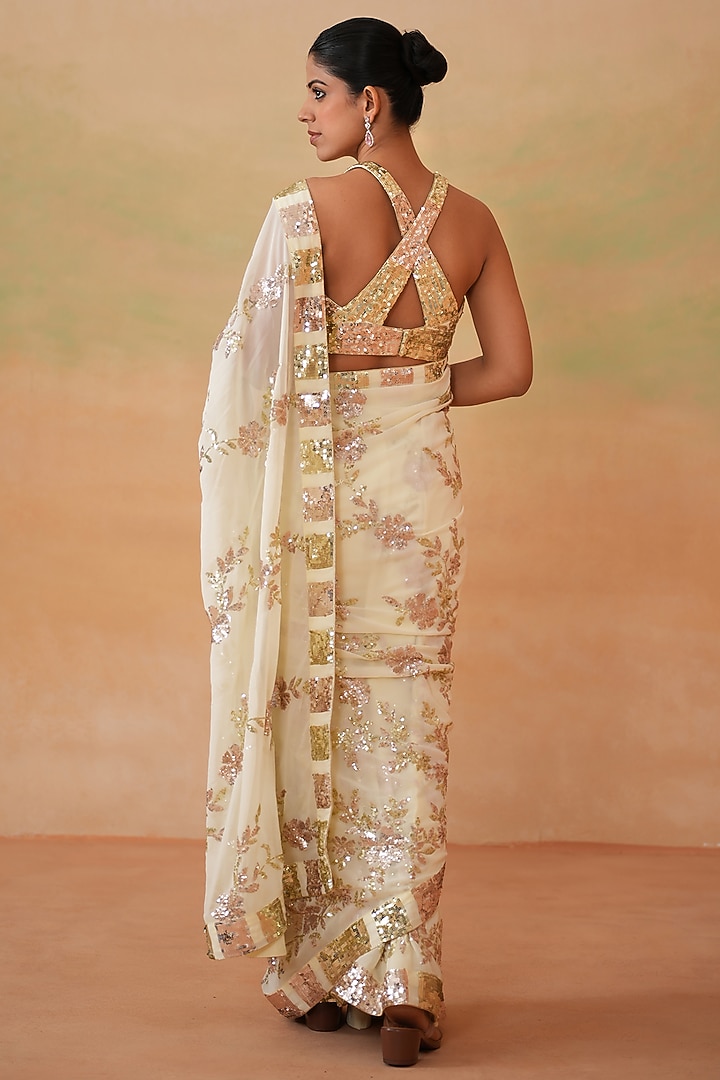 Lime Yellow Georgette Embroidered Stitched Party Wear Saree Set by Deepika Chadha at Pernia's Pop Up Shop