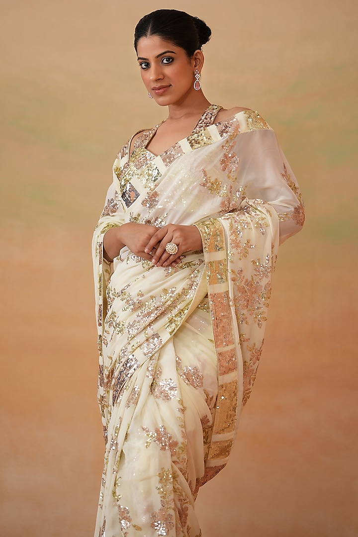 Lime Yellow Georgette Embroidered Stitched Party Wear Saree Set by Deepika Chadha at Pernia's Pop Up Shop
