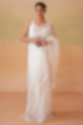 Ivory Organza Pearl Work Stitched Party Wear Saree Set by Deepika Chadha at Pernia's Pop Up Shop